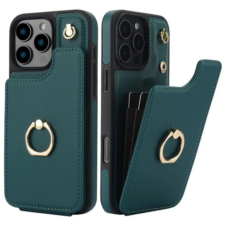 For iPhone 16 Pro Case Card Holder Kickstand PU+TPU Phone Cover with Shoulder Strap