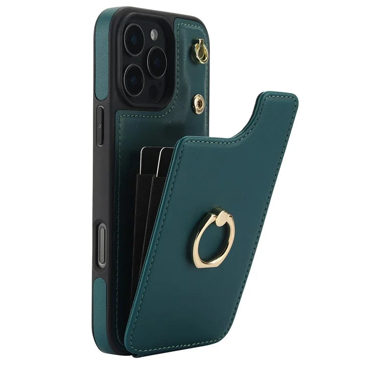 For iPhone 16 Pro Case Card Holder Kickstand PU+TPU Phone Cover with Shoulder Strap