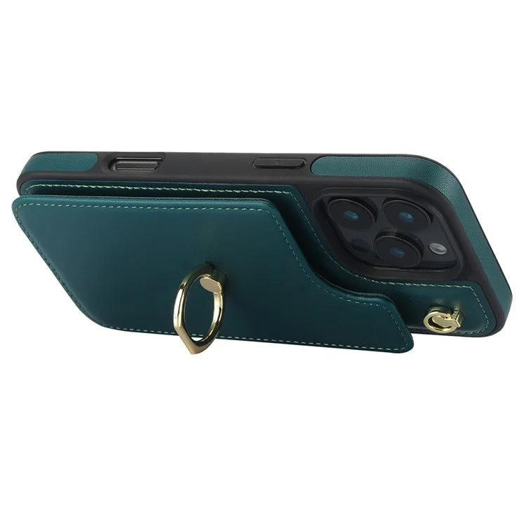 For iPhone 16 Pro Case Card Holder Kickstand PU+TPU Phone Cover with Shoulder Strap