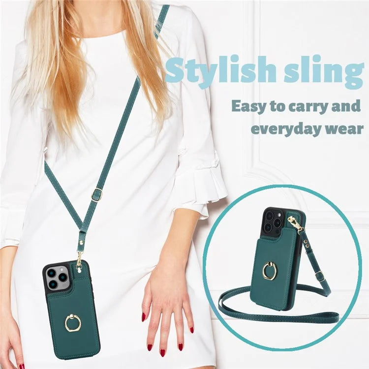 For iPhone 16 Pro Case Card Holder Kickstand PU+TPU Phone Cover with Shoulder Strap