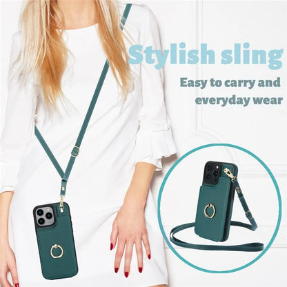 For iPhone 16 Pro Case Card Holder Kickstand PU+TPU Phone Cover with Shoulder Strap