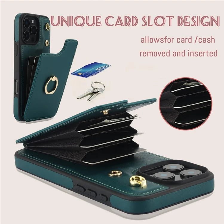 For iPhone 16 Pro Case Card Holder Kickstand PU+TPU Phone Cover with Shoulder Strap