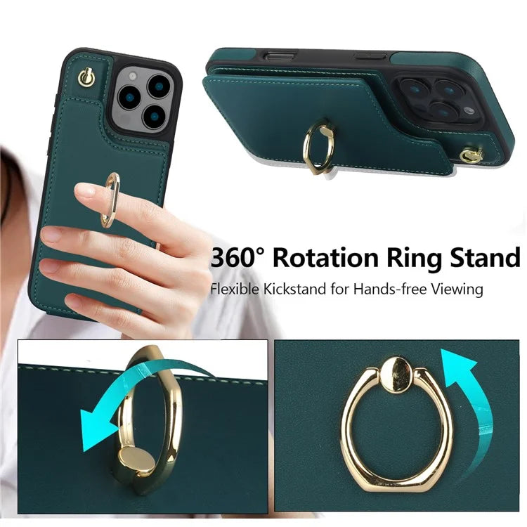For iPhone 16 Pro Case Card Holder Kickstand PU+TPU Phone Cover with Shoulder Strap