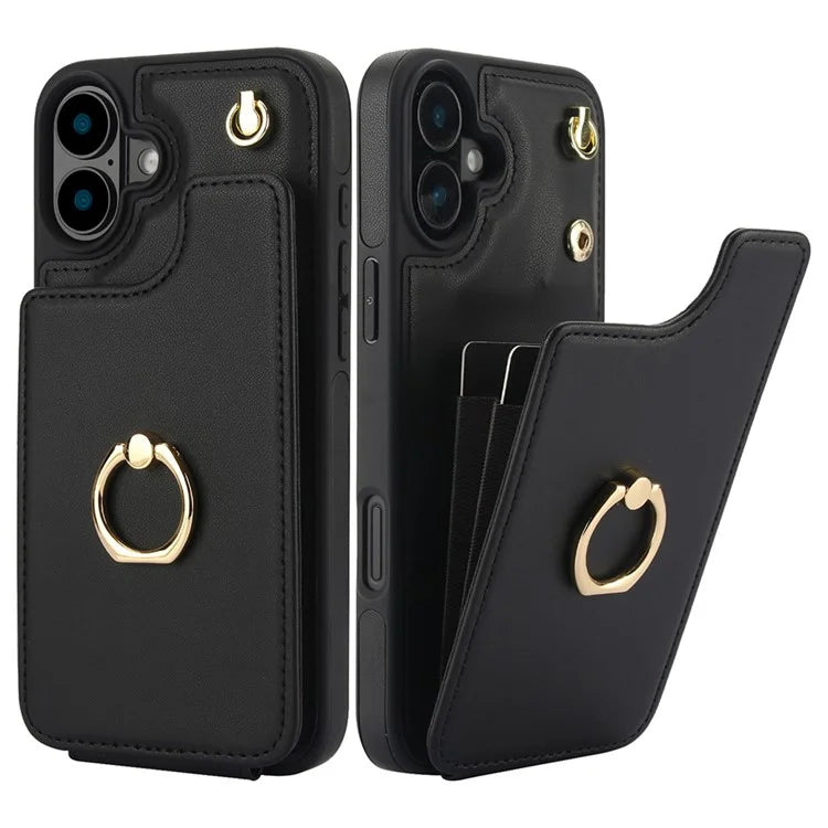 For iPhone 16 Plus Case Card Holder Kickstand PU+TPU Phone Cover with Shoulder Strap
