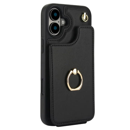 For iPhone 16 Plus Case Card Holder Kickstand PU+TPU Phone Cover with Shoulder Strap