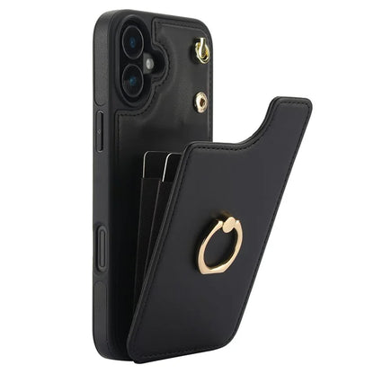 For iPhone 16 Plus Case Card Holder Kickstand PU+TPU Phone Cover with Shoulder Strap