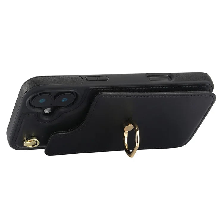 For iPhone 16 Plus Case Card Holder Kickstand PU+TPU Phone Cover with Shoulder Strap