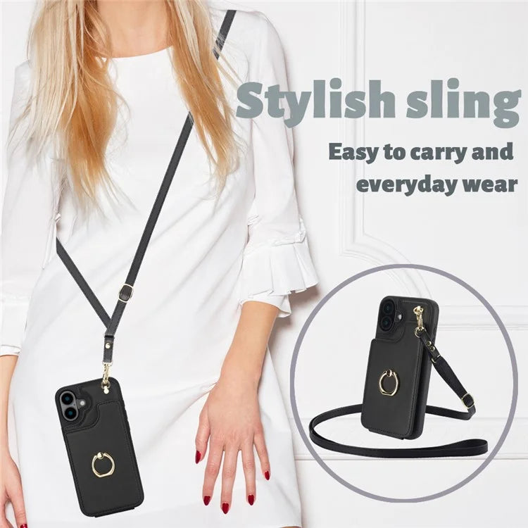 For iPhone 16 Plus Case Card Holder Kickstand PU+TPU Phone Cover with Shoulder Strap