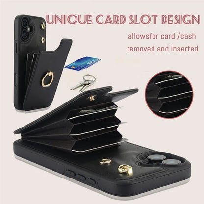 For iPhone 16 Plus Case Card Holder Kickstand PU+TPU Phone Cover with Shoulder Strap
