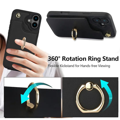 For iPhone 16 Plus Case Card Holder Kickstand PU+TPU Phone Cover with Shoulder Strap
