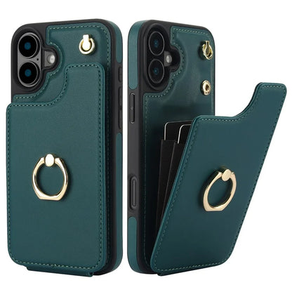 For iPhone 16 Plus Case Card Holder Kickstand PU+TPU Phone Cover with Shoulder Strap