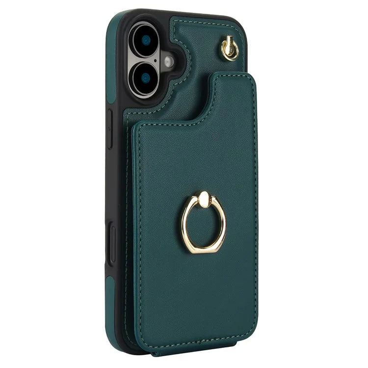 For iPhone 16 Plus Case Card Holder Kickstand PU+TPU Phone Cover with Shoulder Strap