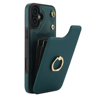 For iPhone 16 Plus Case Card Holder Kickstand PU+TPU Phone Cover with Shoulder Strap