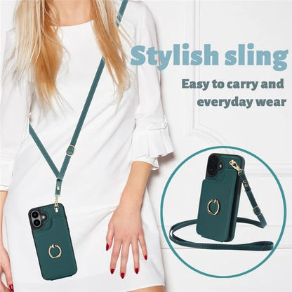 For iPhone 16 Plus Case Card Holder Kickstand PU+TPU Phone Cover with Shoulder Strap