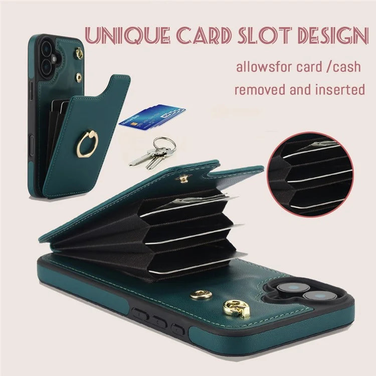 For iPhone 16 Plus Case Card Holder Kickstand PU+TPU Phone Cover with Shoulder Strap