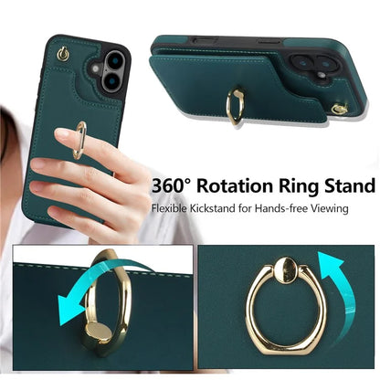 For iPhone 16 Plus Case Card Holder Kickstand PU+TPU Phone Cover with Shoulder Strap