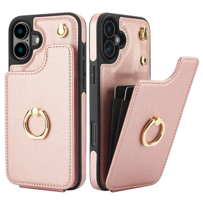 For iPhone 16 Plus Case Card Holder Kickstand PU+TPU Phone Cover with Shoulder Strap