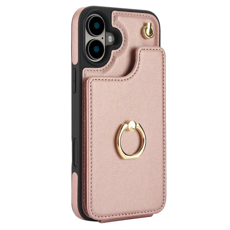 For iPhone 16 Plus Case Card Holder Kickstand PU+TPU Phone Cover with Shoulder Strap
