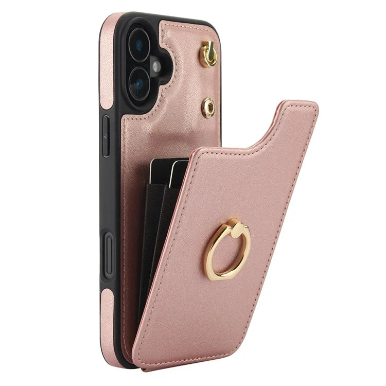 For iPhone 16 Plus Case Card Holder Kickstand PU+TPU Phone Cover with Shoulder Strap