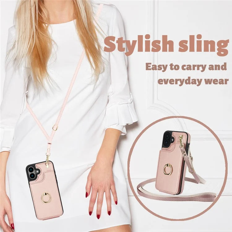 For iPhone 16 Plus Case Card Holder Kickstand PU+TPU Phone Cover with Shoulder Strap