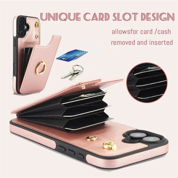 For iPhone 16 Plus Case Card Holder Kickstand PU+TPU Phone Cover with Shoulder Strap