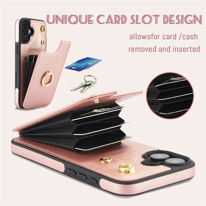 For iPhone 16 Plus Case Card Holder Kickstand PU+TPU Phone Cover with Shoulder Strap