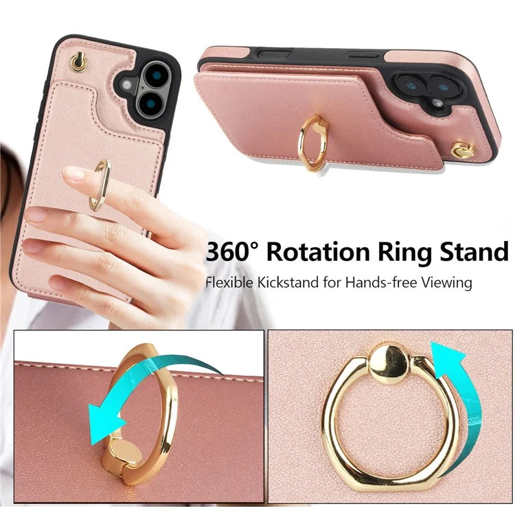 For iPhone 16 Plus Case Card Holder Kickstand PU+TPU Phone Cover with Shoulder Strap