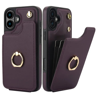 For iPhone 16 Plus Case Card Holder Kickstand PU+TPU Phone Cover with Shoulder Strap