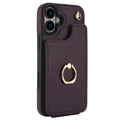 For iPhone 16 Plus Case Card Holder Kickstand PU+TPU Phone Cover with Shoulder Strap