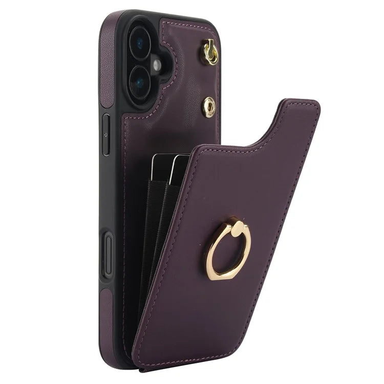 For iPhone 16 Plus Case Card Holder Kickstand PU+TPU Phone Cover with Shoulder Strap