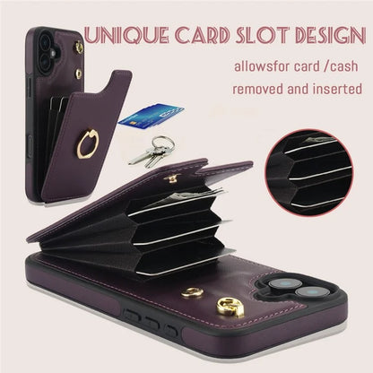 For iPhone 16 Plus Case Card Holder Kickstand PU+TPU Phone Cover with Shoulder Strap