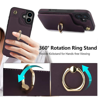 For iPhone 16 Plus Case Card Holder Kickstand PU+TPU Phone Cover with Shoulder Strap