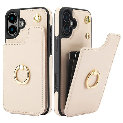 For iPhone 16 Plus Case Card Holder Kickstand PU+TPU Phone Cover with Shoulder Strap