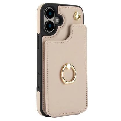 For iPhone 16 Plus Case Card Holder Kickstand PU+TPU Phone Cover with Shoulder Strap