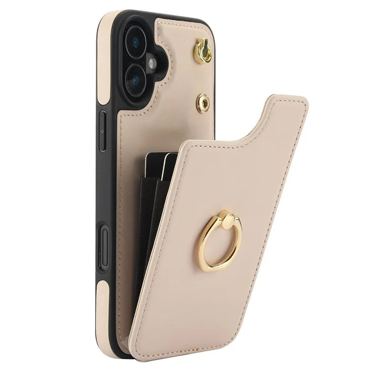 For iPhone 16 Plus Case Card Holder Kickstand PU+TPU Phone Cover with Shoulder Strap