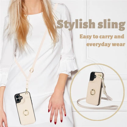 For iPhone 16 Plus Case Card Holder Kickstand PU+TPU Phone Cover with Shoulder Strap
