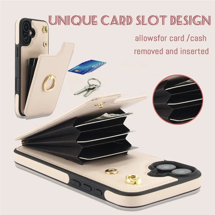 For iPhone 16 Plus Case Card Holder Kickstand PU+TPU Phone Cover with Shoulder Strap