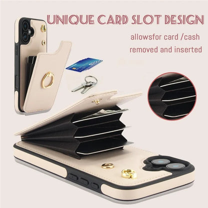 For iPhone 16 Plus Case Card Holder Kickstand PU+TPU Phone Cover with Shoulder Strap