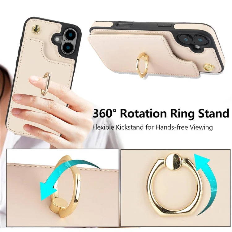 For iPhone 16 Plus Case Card Holder Kickstand PU+TPU Phone Cover with Shoulder Strap