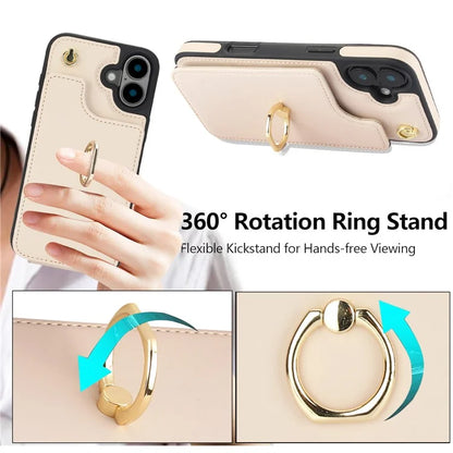 For iPhone 16 Plus Case Card Holder Kickstand PU+TPU Phone Cover with Shoulder Strap
