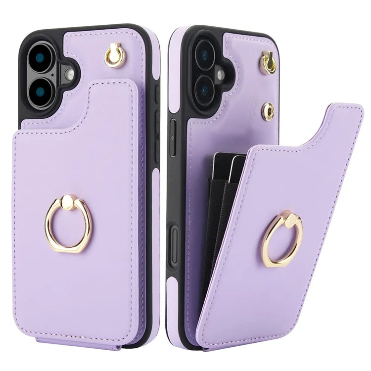 For iPhone 16 Plus Case Card Holder Kickstand PU+TPU Phone Cover with Shoulder Strap