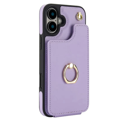 For iPhone 16 Plus Case Card Holder Kickstand PU+TPU Phone Cover with Shoulder Strap