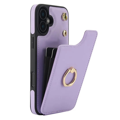 For iPhone 16 Plus Case Card Holder Kickstand PU+TPU Phone Cover with Shoulder Strap