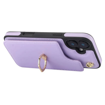 For iPhone 16 Plus Case Card Holder Kickstand PU+TPU Phone Cover with Shoulder Strap