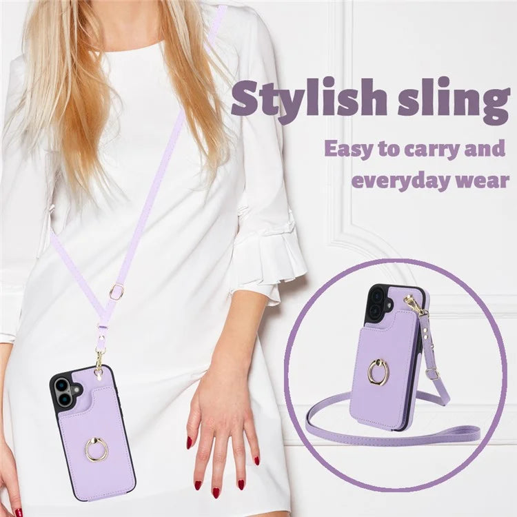 For iPhone 16 Plus Case Card Holder Kickstand PU+TPU Phone Cover with Shoulder Strap