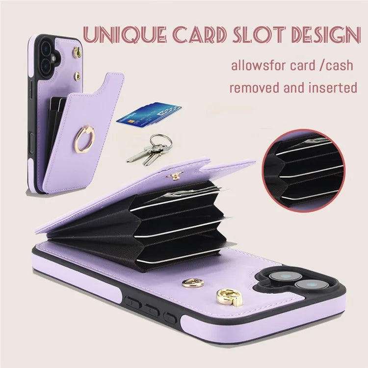 For iPhone 16 Plus Case Card Holder Kickstand PU+TPU Phone Cover with Shoulder Strap