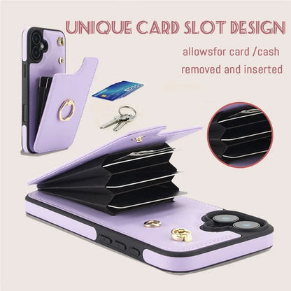 For iPhone 16 Plus Case Card Holder Kickstand PU+TPU Phone Cover with Shoulder Strap
