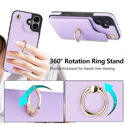 For iPhone 16 Plus Case Card Holder Kickstand PU+TPU Phone Cover with Shoulder Strap
