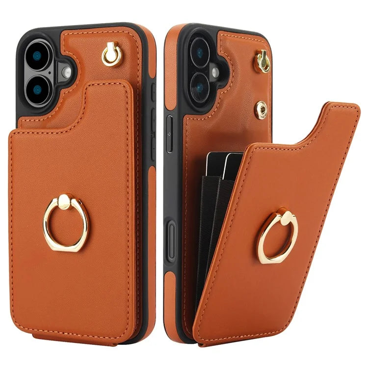 For iPhone 16 Plus Case Card Holder Kickstand PU+TPU Phone Cover with Shoulder Strap