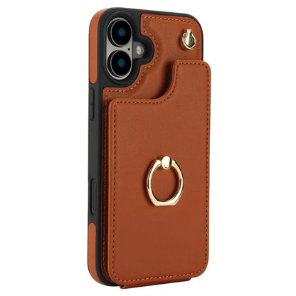 For iPhone 16 Plus Case Card Holder Kickstand PU+TPU Phone Cover with Shoulder Strap